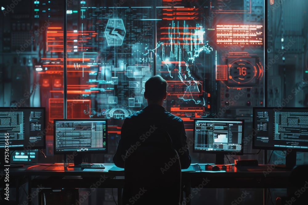 Digital Analyzing Data Center on Multiple Screens in a Modern Cybersecurity Lab Environment Digital Analyzing Data Center on Multiple Screens in a Modern Cybersecurity Lab Environment