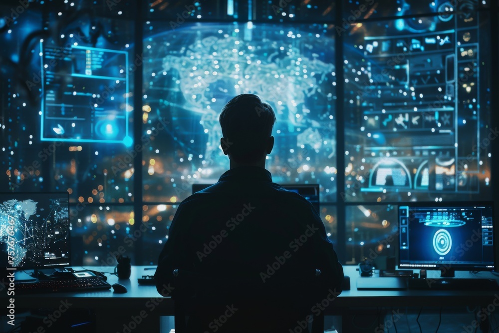 Digital Analyzing Data Center on Multiple Screens in a Modern Cybersecurity Lab Environment Digital Analyzing Data Center on Multiple Screens in a Modern Cybersecurity Lab Environment