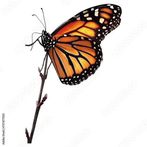 Beautiful monarch butterfly with orange wings isolated on a white background in a garden