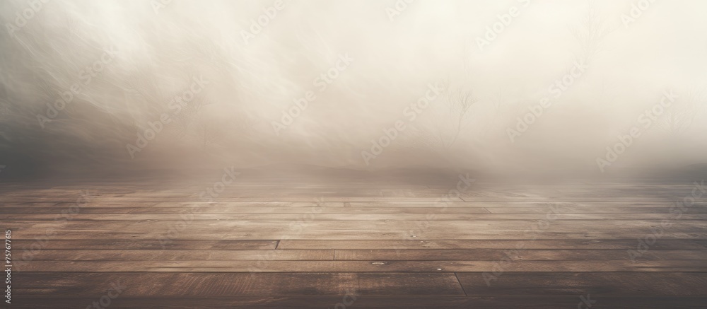 A hazy view of a hardwood floor with billowing smoke creating a cloudlike effect against the sky, resembling a natural landscape event - obrazy, fototapety, plakaty 