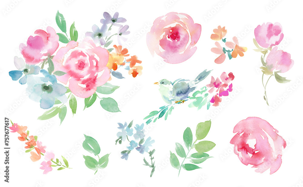 Set of Abstract Roses, Birds, and Floral Background Illustrations Painted in Watercolor