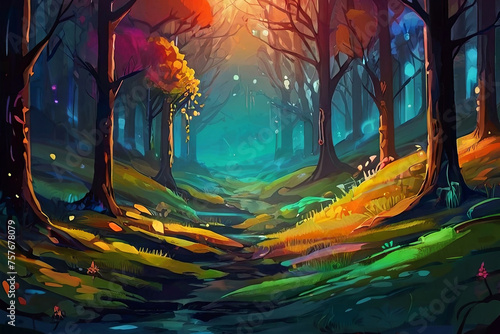 Colorful abstract landscape. Fantasy forest with glowing light. Vibrant and surreal artwork. 