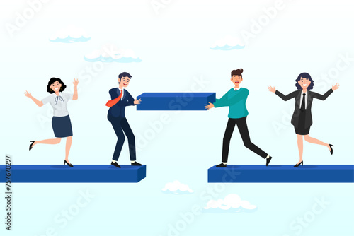 Business people team help building the bridge to connect the way, build business bridge connect path together, solution or teamwork idea, cooperation or collaboration to success together (Vector)