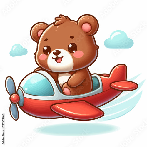 Cute bear flying on a plane cartoon hand drawn vector illustration