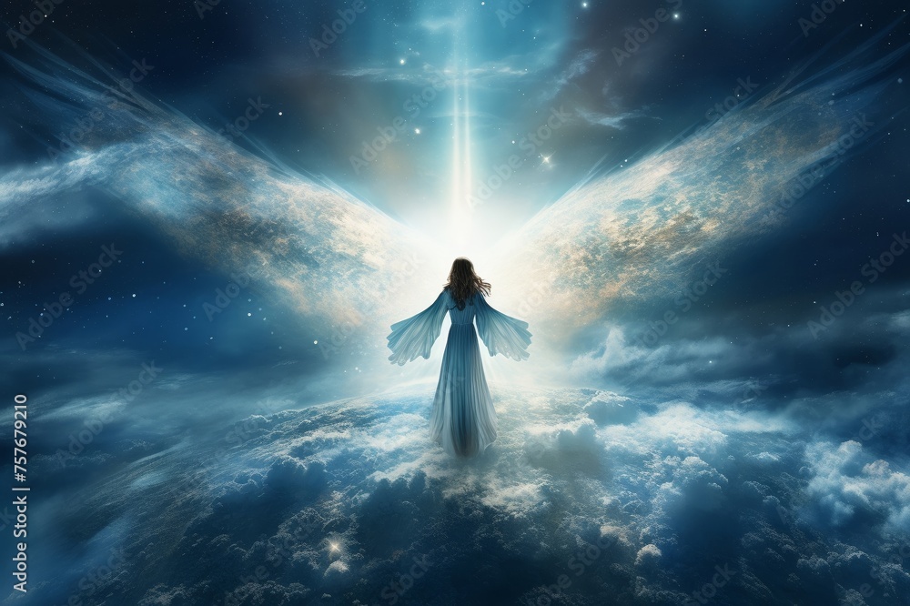 A serene angel floating through the vast expanse of space A serene angel floating through the vast expanse of space