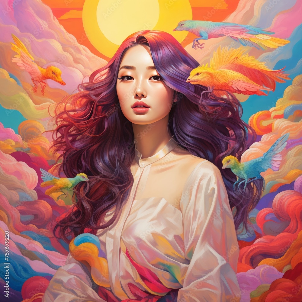 a soulful depiction blending elements of Korean culture and a rainbow color palette