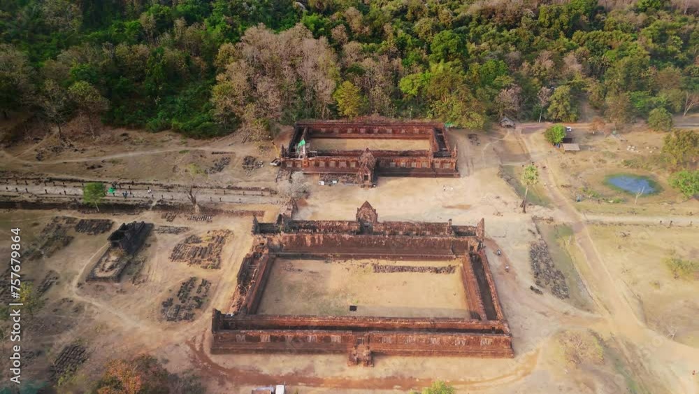 Vat Phou, Khmer temple drone fly over reveal. Champassak, Laos. Vat Phou, Khmer temple drone fly over reveal. Champassak, Laos.