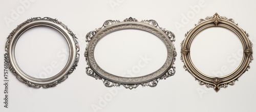 Three oval picture frames are displayed on a white surface, showcasing a collection of bicycle rims, jewelry pieces, and auto parts with intricate designs and textures