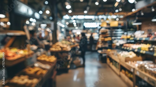 Background of a modern grocery market with a blurred effect.