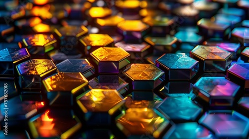Abstract hexagonal tech pattern background, glassy, translucid and futurist style, AI generated illustration