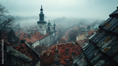 Calm composition of the image of the roofs of the old city in fog. Atmosphere of peace and tranquility. Generative AI