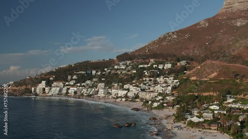 Cape Town, South Africa - The Clifton Beach Suburb with Lion's Head in the Backdrop - Aerial Drone Shot