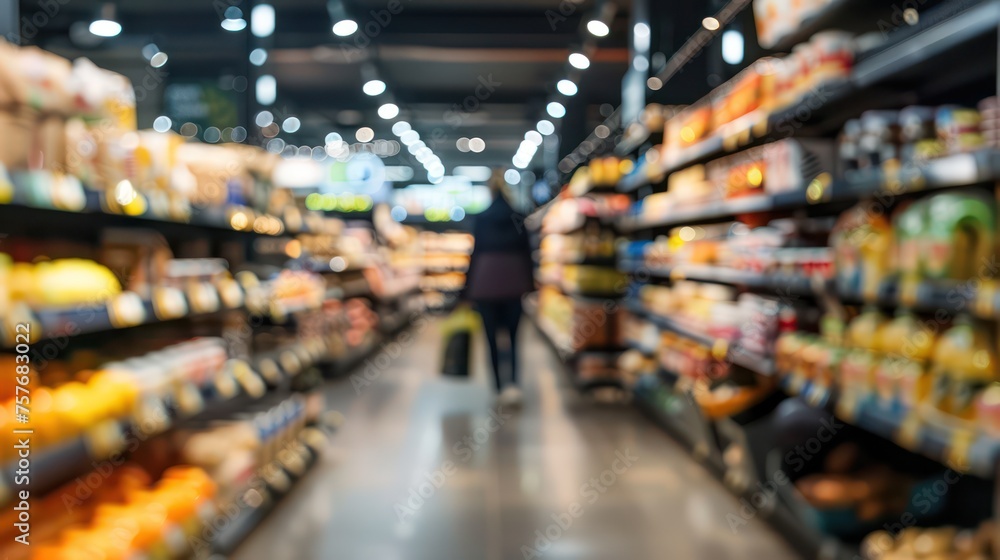 Background of a modern grocery market with a blurred effect.