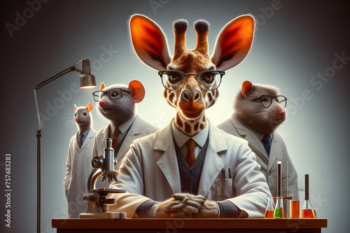 animal dressed in a lab coat and glasses standing on a desk photo