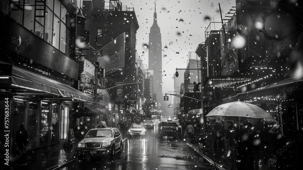 Rainy urban street scene in black and white, city life with cars and pedestrians under umbrellas
 - obrazy, fototapety, plakaty 