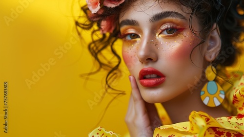 Stylish woman with vibrant makeup and floral accessories, spring fashion trend against yellow backdrop 