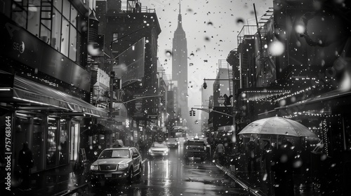 Rainy urban street scene in black and white, city life with cars and pedestrians under umbrellas
 photo