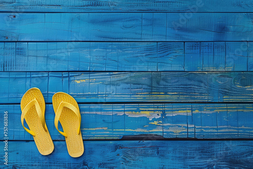 Yellow flip flops are placed on a blue wooden background, a colorful and summery image photo