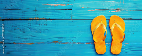 Yellow flip flops are placed on a blue wooden background, a colorful and summery image