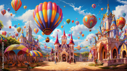 A lively carnival with hot air colorful balloons in the sky 