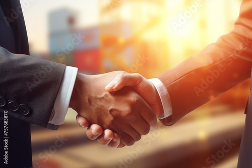 businessman handshake of business deal with logistic. Generative AI.