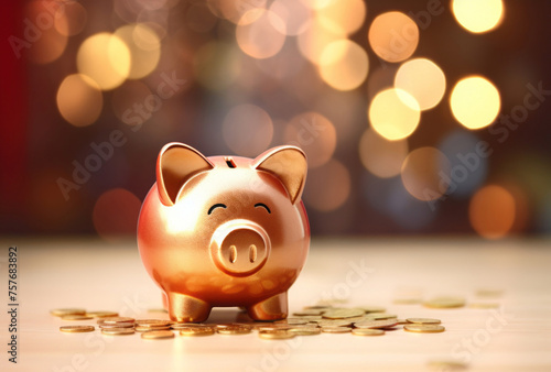 A savings piggy bank in bokeh, its realistic and hyper-detailed renderings, tabletop photography, and creative commons attribution apparent in light bronze and crimson.