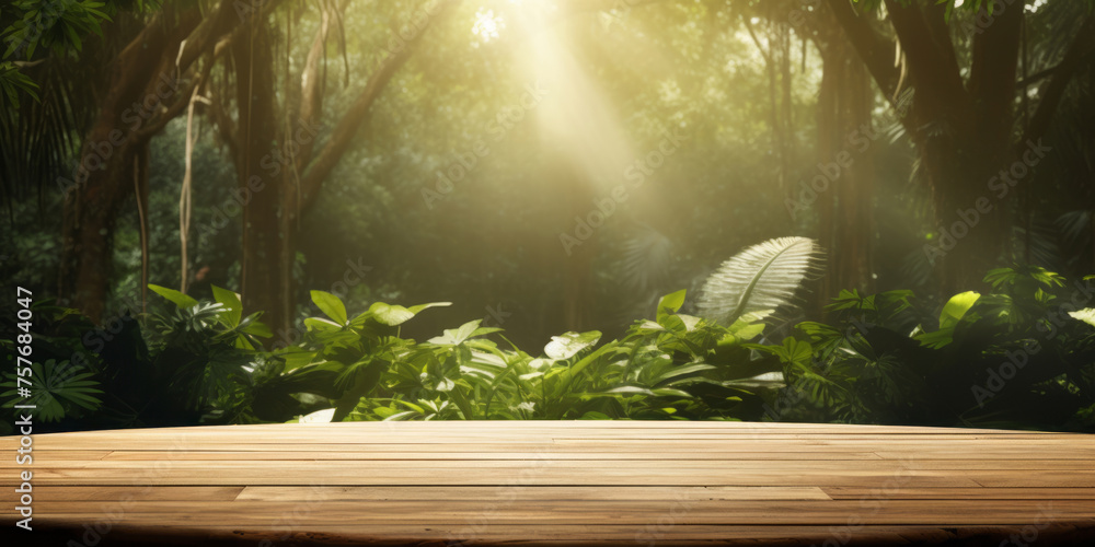 A brown wooden table sits in the middle of the jungle, sun lighting through it, clear edge definition apparent in green. - obrazy, fototapety, plakaty 