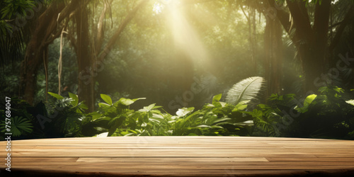 A brown wooden table sits in the middle of the jungle, sun lighting through it, clear edge definition apparent in green.