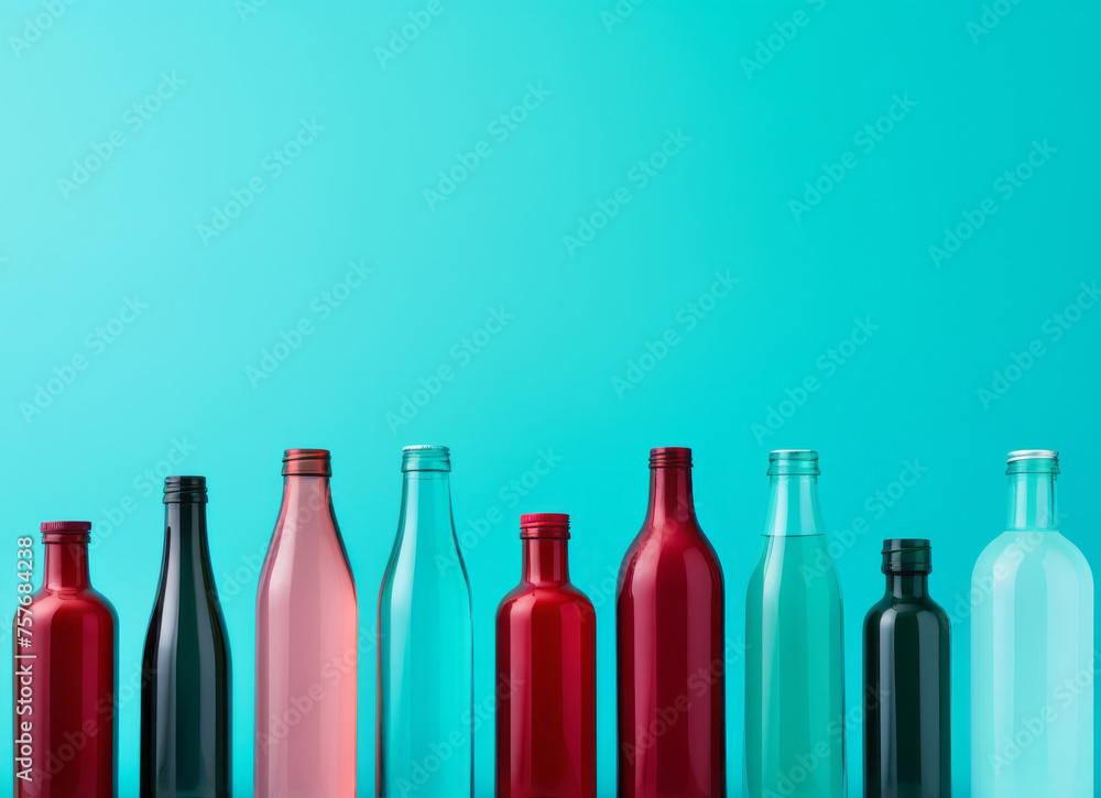 Colorful plastic bottles lined up on a blue background reflect the minimalist graphic designer style in light emerald and maroon, dark cyan and white, and flat shapes. Colorful plastic bottles lined up on a blue background reflect the minimalist graphic designer style in light emerald and maroon, dark cyan and white, and flat shapes.