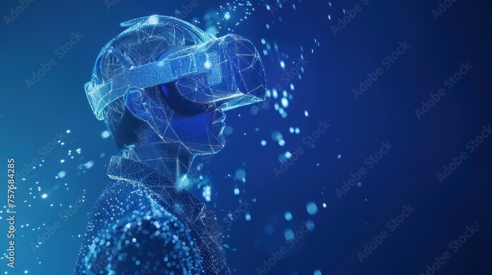 VR headset holographic low poly wireframe vector banner. Polygonal man wearing virtual reality glasses, helmet. VR games playing. Particles, dots, lines, triangles on blue background. Neon light. 