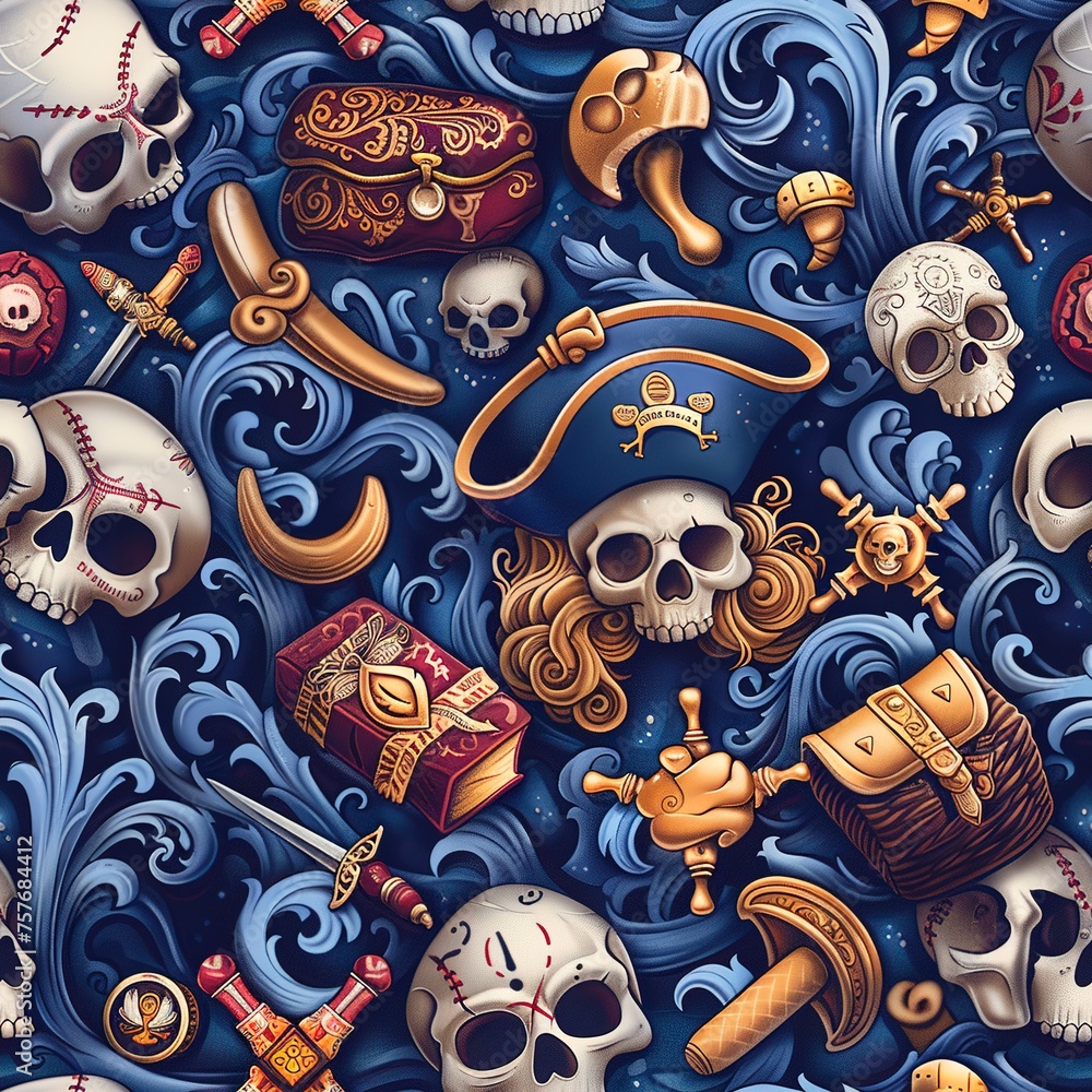 Legendary Pirates and Treasures: The adventure and mystery of the high seas. For Seamless Pattern, Fabric Pattern, Tumbler Wrap, Mug Wrap.