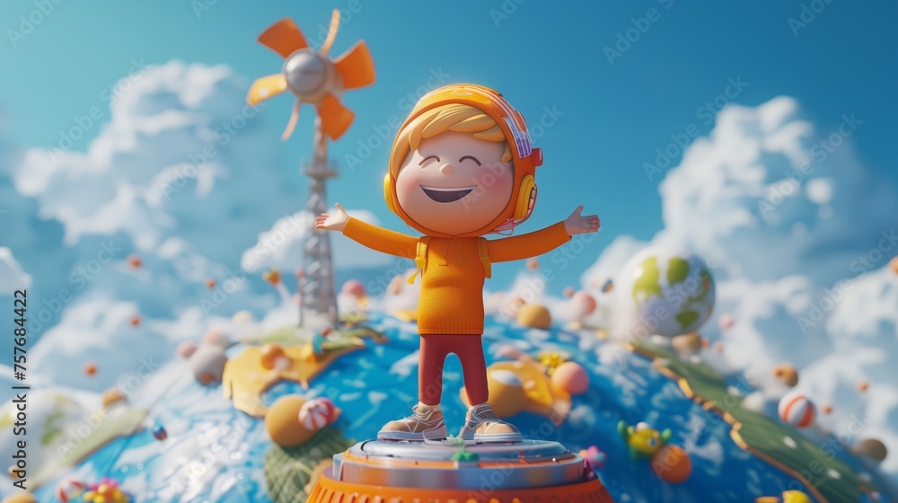 Animated character with wind turbine on a vibrant Earth, renewable energy and sustainability concept
