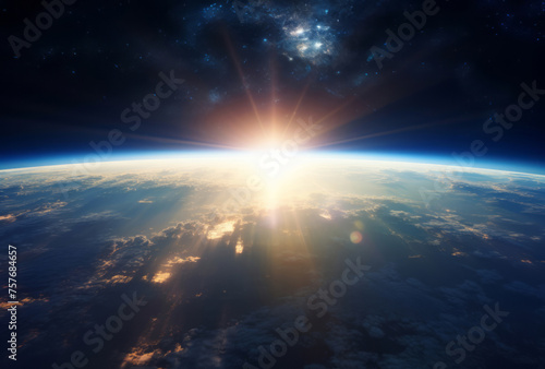 Earth is visible from space  its spiritual resonance  sunrays shining upon it  y2k aesthetic  post-apocalyptic themes  and romantic atmosphere apparent.