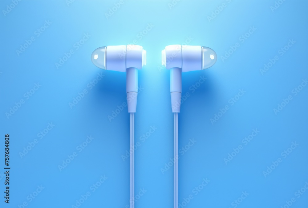 Earphones with blue light sit on a blue background, their pastel hues, mingei Earphones with blue light sit on a blue background, their pastel hues, mingei