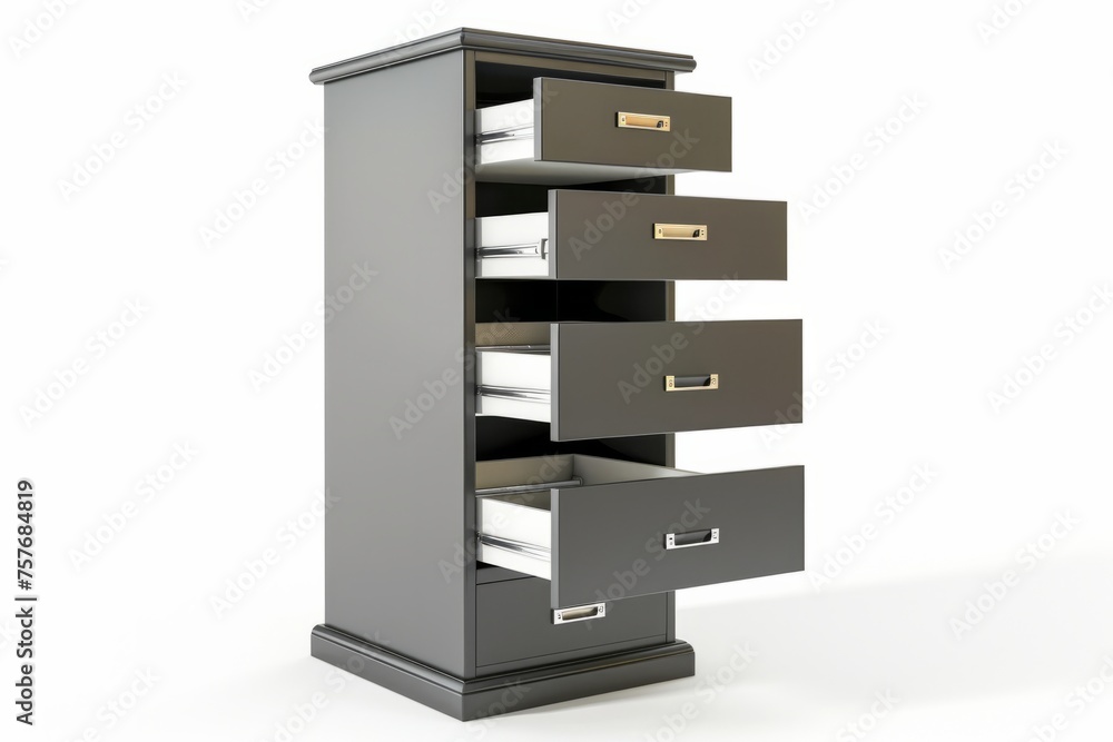 3D Render of a file cabinet with multiple drawers for organizing documents and files, on isolated white background, Generative AI 3D Render of a file cabinet with multiple drawers for organizing documents and files, on isolated white background, Generative AI