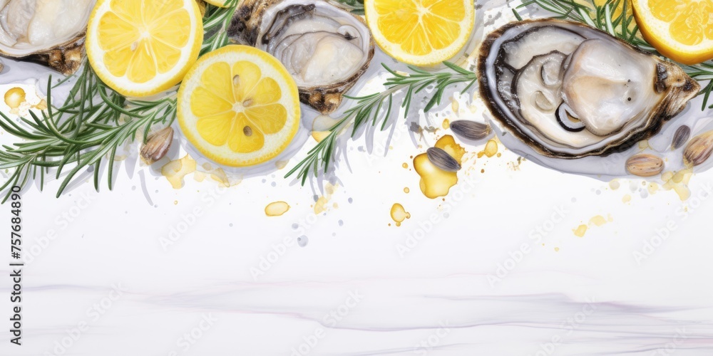 A fresh oyster with lemon and rosemary sits on the table, its minimalist backgrounds, whimsical and fantastical elements, and naturalistic ocean waves apparent in light gray. A fresh oyster with lemon and rosemary sits on the table, its minimalist backgrounds, whimsical and fantastical elements, and naturalistic ocean waves apparent in light gray.