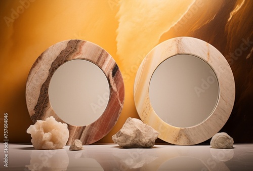 Marble bathroom mirrors are placed in front of a colorful background, their tabletop photography, craftcore, and organic stone carvings apparent in dark beige and light amber. photo