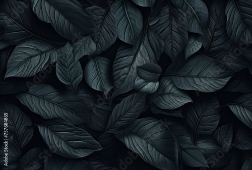 A leaf pattern forms a black wall background for a desktop, its lush scenery, mysterious backdrops, felinecore, and naturalist aesthetic apparent. © Duka Mer