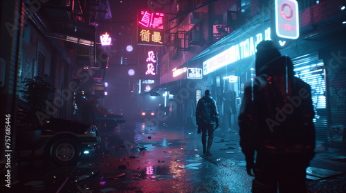 a moody  cyberpunk street scene at night  illuminated by the glow of neon signs in various languages  with a mysterious figure standing in the rain-soaked street