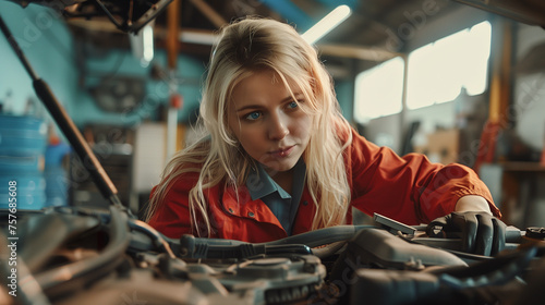 Focused woman mechanic working on car in garage.