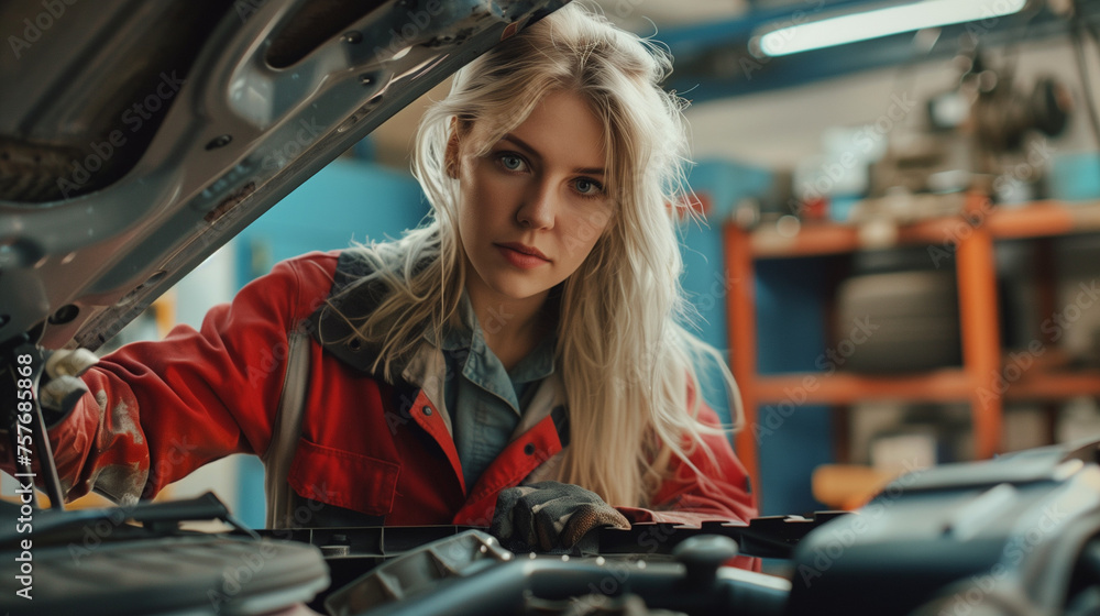 Blonde mechanic owner of auto repair shop Blonde mechanic owner of auto repair shop