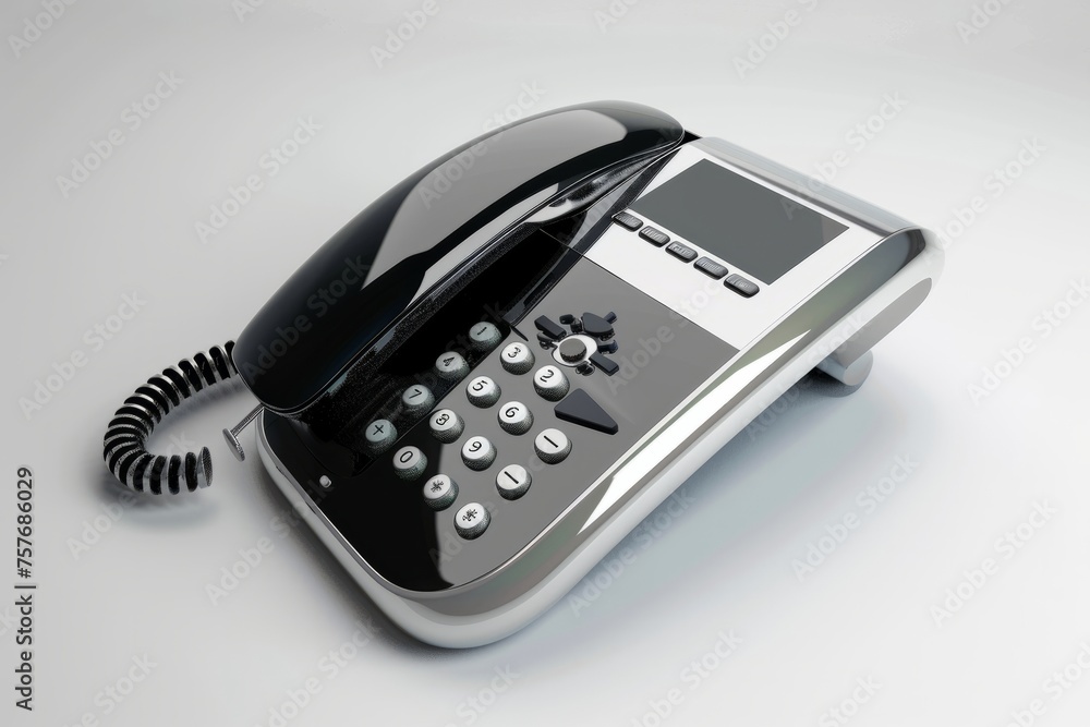 3D Render of a sleek desktop telephone with caller ID and speakerphone capabilities, on isolated white background, Generative AI 3D Render of a sleek desktop telephone with caller ID and speakerphone capabilities, on isolated white background, Generative AI