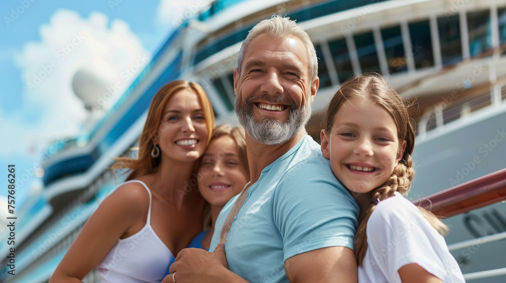 A family of four smiling with a cruise ship in the background.