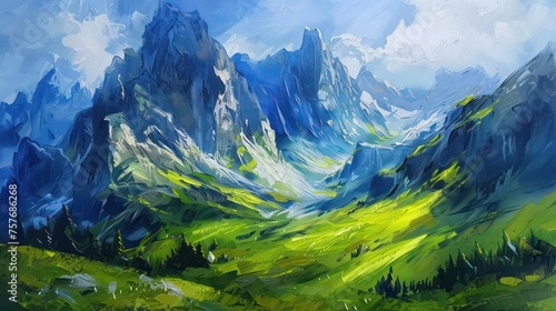 A majestic mountain captured in an oil painting set amidst a mysterious green landscape under a sunny sky. © Matthew