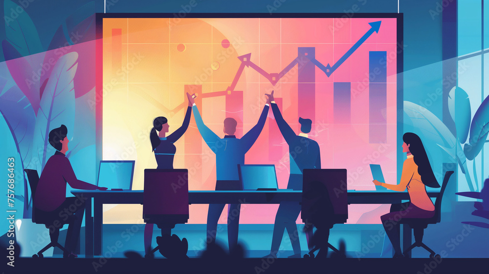 Team Celebration Silhouette Against Rising Graph Background Team Celebration Silhouette Against Rising Graph Background