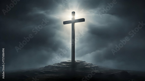 The cross stands resolute, a guiding light for the devout soul kneeling in the shadowy, mist-filled expanse.