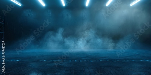 An empty stage with neon lights and spotlights in a dark room, highlighted by smoke floating up from the floor