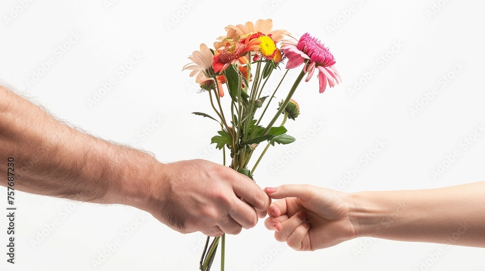 Close-up of a man's hand giving flowers to a woman's hand on white background, generative AI Close-up of a man's hand giving flowers to a woman's hand on white background, generative AI