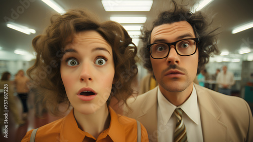 Eccentric and quirky office workers - surprised - shocked - overwhelmed - close-up shot - low angle shot - retro feel - vintage styling 