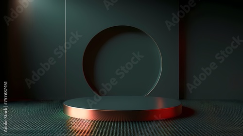 Classic luxury Blank Sleek metallic round brown podium , in dark green studio mockup, for product display, presentation and advertising